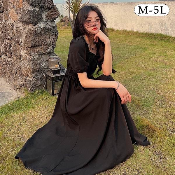 ワンピース 大きいサイズ パフスリーブ ブラック 黒 半袖 大人かわいい ぽっちゃり 夏ワンピ 着やせ Aライン M L LL 3L 4L 5L