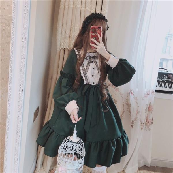原宿 ワンピース ロリータ レディース Aライン ロリィタ フェミニン 紗 可愛い コスプレ メイド 濃い緑 ビリジャン 森