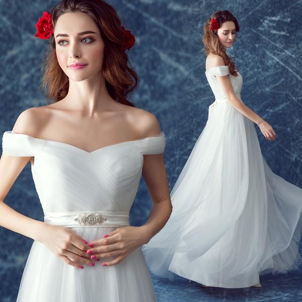 ロングドレス 純白 ブライズメイド パーティードレス オフショルダー 結婚式 演奏会 小さいサイズ A