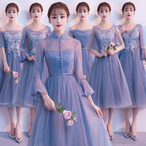 6タイプ 5サイズ ブライズメイド ドレス ミモレ丈 ブルー 二次会 花嫁 ワンピース 結婚式 披露宴 大人 可愛い エレガント チュール