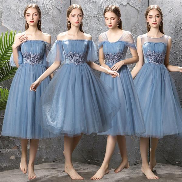 ブライズメイド ドレス 激安通販専門店 ミモレ丈 ブルー ピアノ発表会 4タイプ 刺繍 レディース ミモレ丈ドレス パーティードレス 結婚式 発表会 大人 二次会
