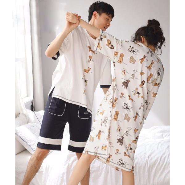 ペアパジャマ カップル パジャマ メンズ レディース 上下セット 感謝価格 ゆったり 18 新品 ご夫婦 犬柄 可愛いパジャマ 恋人 夏 ルームウェア 部屋着 春