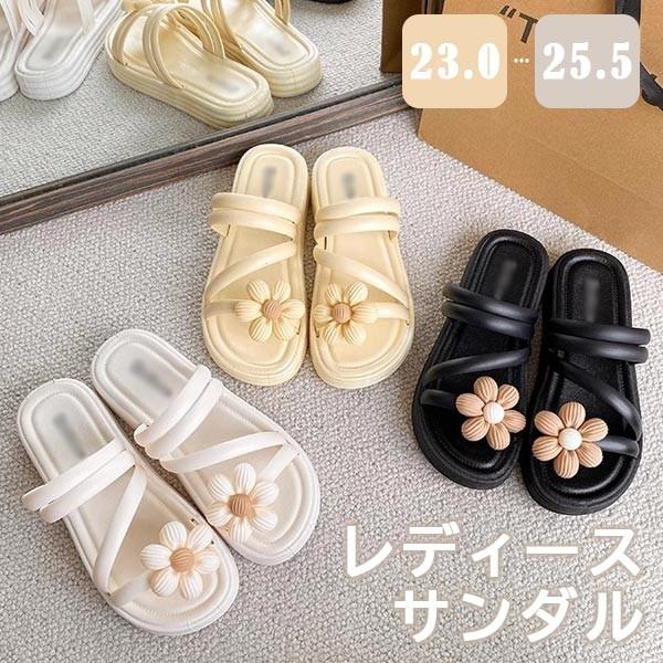 サンダル ヒール2cm ローヒール ミュール フラット ぺたんこ 夏 オープントゥ 疲れにくい 履きやすい 花付き レディース カジュアル 可愛い