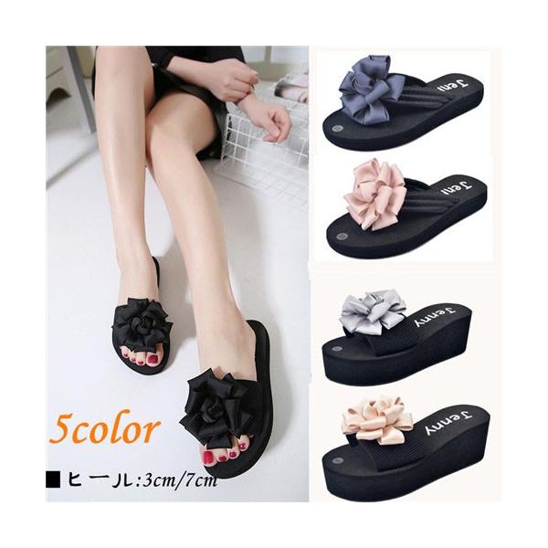 フラワーサンダル 花 使い勝手の良い 厚底ビーチサンダル フラワー付け ヒール3cm 7cm 大きいサイズ 滑るのを防ぐ プール 手作り品 フリップフロップ 美脚効果バツグン 海