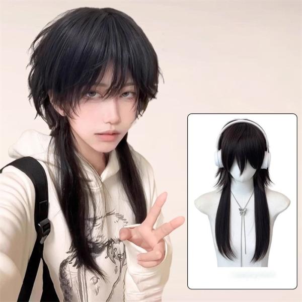 ウィッグ メンズ レディース ウルフカット 黒髪 ミディアム ロング フルウィッグ 韓国風 耐熱 かつら wig レイヤー 自然 小顔効果 コスプレ 撮影 イベント
