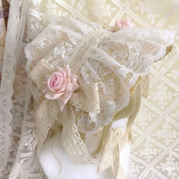 ヘッドドレス 花飾り 貴族フレンチレトロボネット 帽 Lolita 手作り レースフラワーシルクハットベルサイユ シャンパン 頭飾り ロリィタファッション