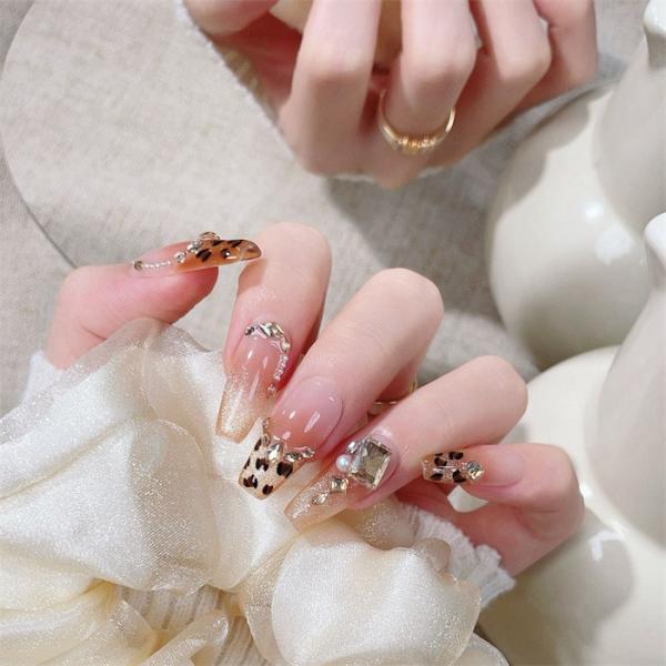 ネイルチップ レオパード ヒョウ柄 10枚入り ラメ グラデーション ロング バレリーナ ニュアンスネイル ベージュ ゴールド ビジュー ストーン パール