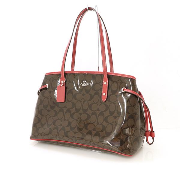 コーチ COACH ダークブラウン レッド シグネチャー パテント