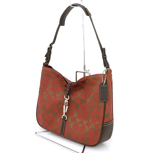 コーチ COACH シグネチャー レッド ダークブラウン キャンバス レザー