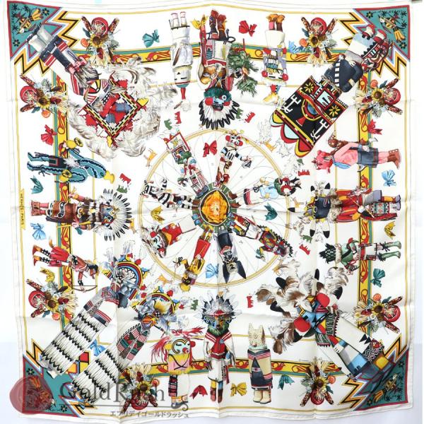 美品 エルメス カレ90 Kachinas カチナ 民族 マルチカラー スカーフ エルメス HELMES カレ90 カチナ スカーフ シルク100％ オフホワイト