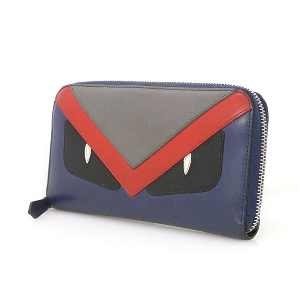 フェンディ FENDI ネイビー レザー バグズアイ ラウンドファスナー 長