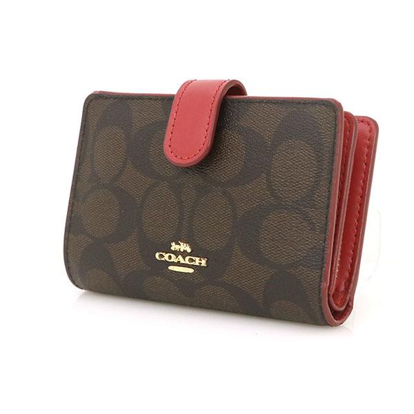 コーチ COACH シグネチャー ダークブラウン レッド PVC レザー L字  