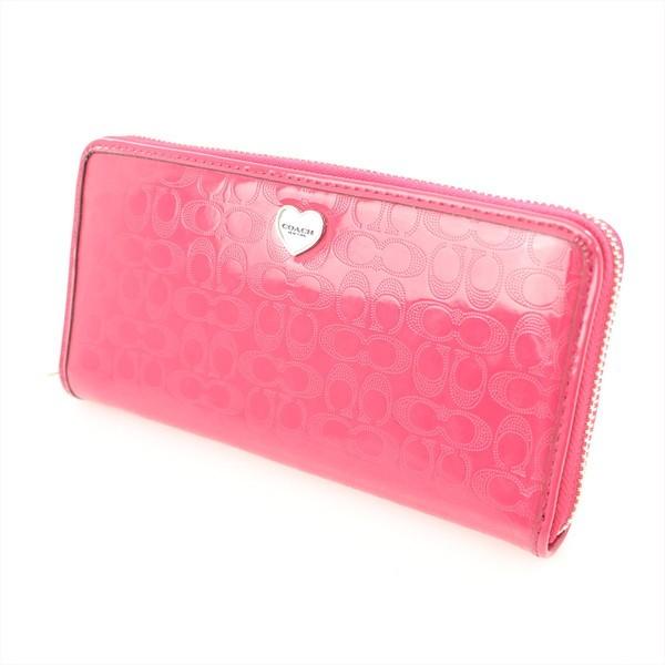 コーチ Coach シグネチャー パテントレザー ラウンドファスナー長財布 レディース ハート ピンク Hon 中古 Everydaygoldrush 通販 Yahoo ショッピング