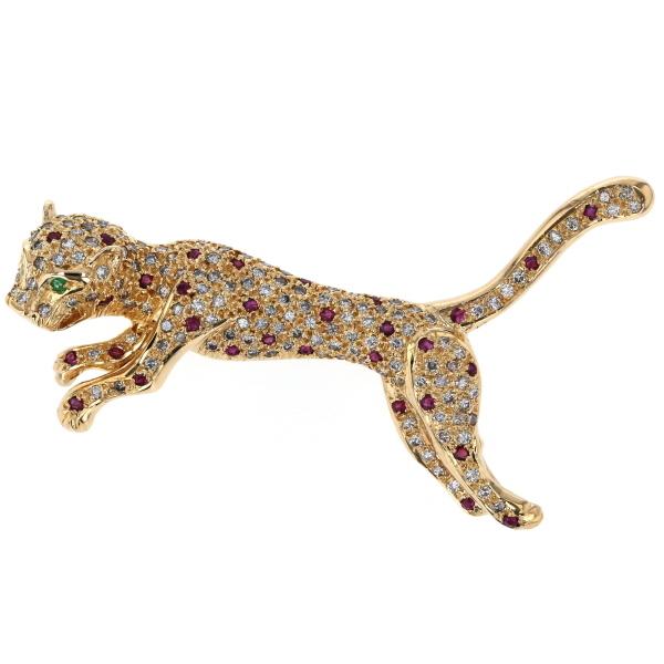 鑑別書付き豹/パンサーブローチk18YG 色石ダイヤ16.9g