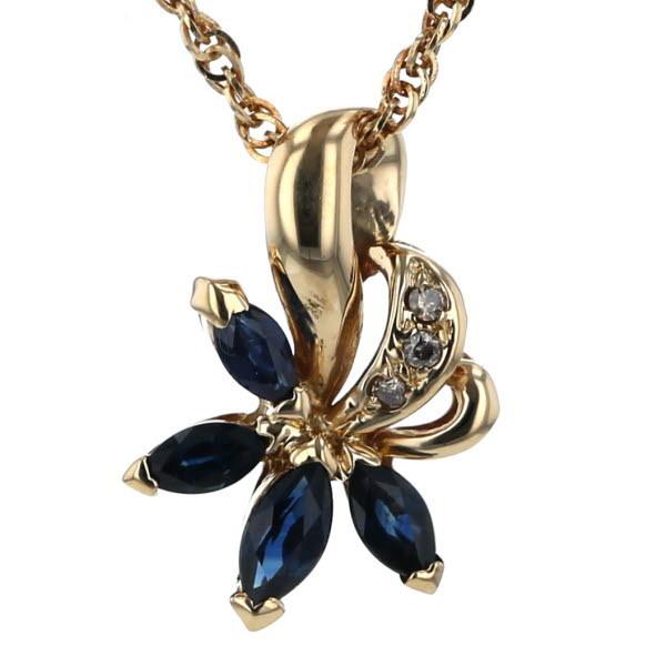 K18YG イエローゴールド ネックレス ダイヤモンド0.02ct サファイア 花  