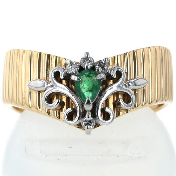 K18YG Pt900 コンビ リング エメラルド ダイヤモンド V字 縦ライン