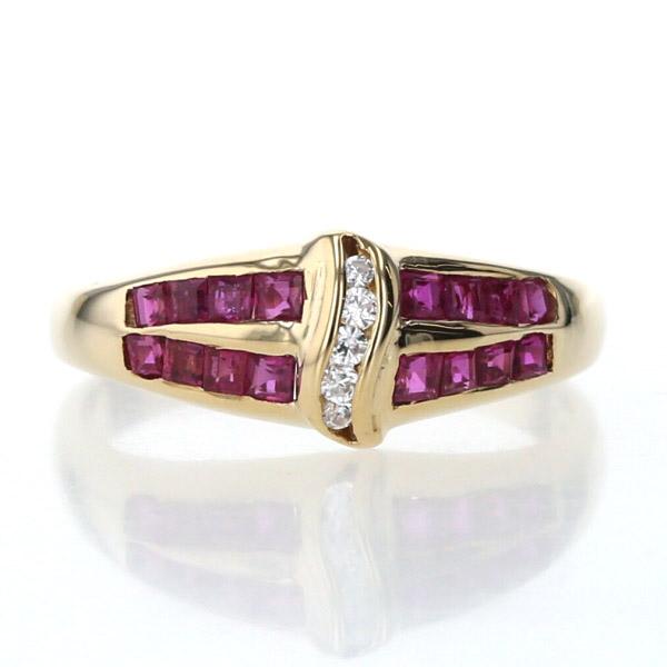 K14YG イエローゴールド リング ルビー キュービックジルコニア 2連  