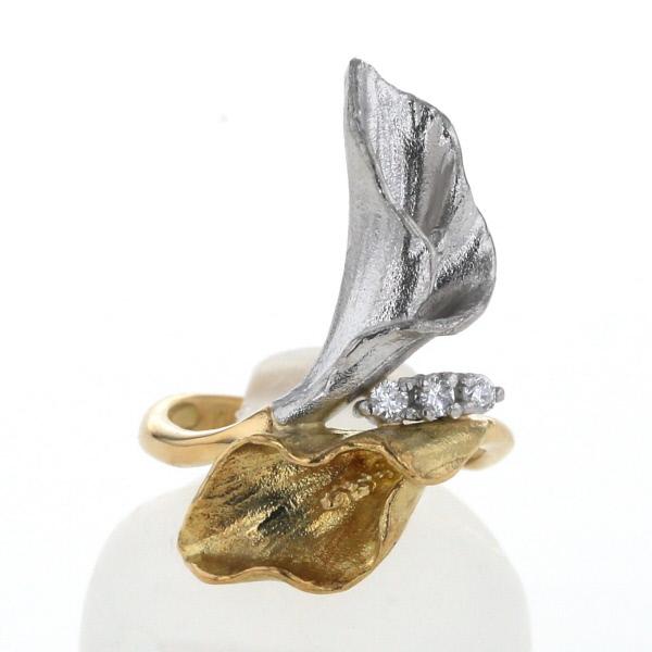 K18YG Pt900 コンビ リング ダイヤモンド 0.06ct 3粒 カラー 花 