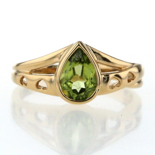 K18YG イエローゴールド リング ペリドット 1粒 雫 ドロップ ハート  