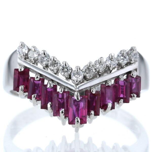 Pt900 プラチナ リング ルビー 0.75ct ダイヤモンド 0.12ct バケット V 