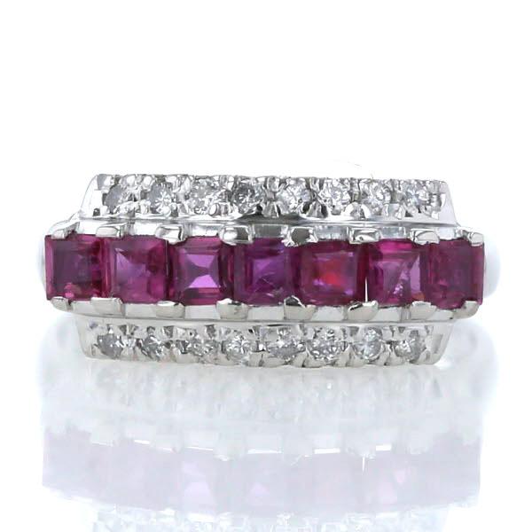 Pt900 プラチナ リング ルビー 0.90ct ダイヤモンド 0.19ct 3列 一文字