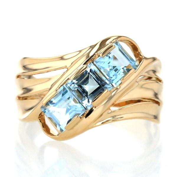 K18YG イエローゴールド リング アクアマリン スクエアカット 3石