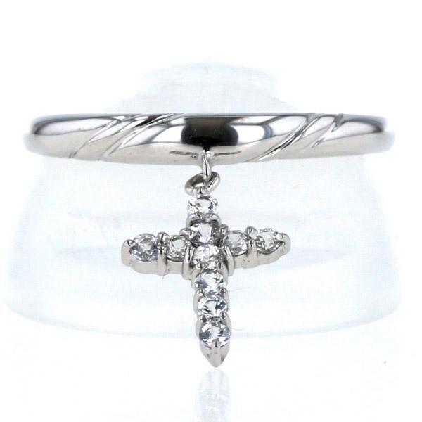 K14WG ホワイトゴールド リング 透明石 0.15ct クロス 十字架 チャーム
