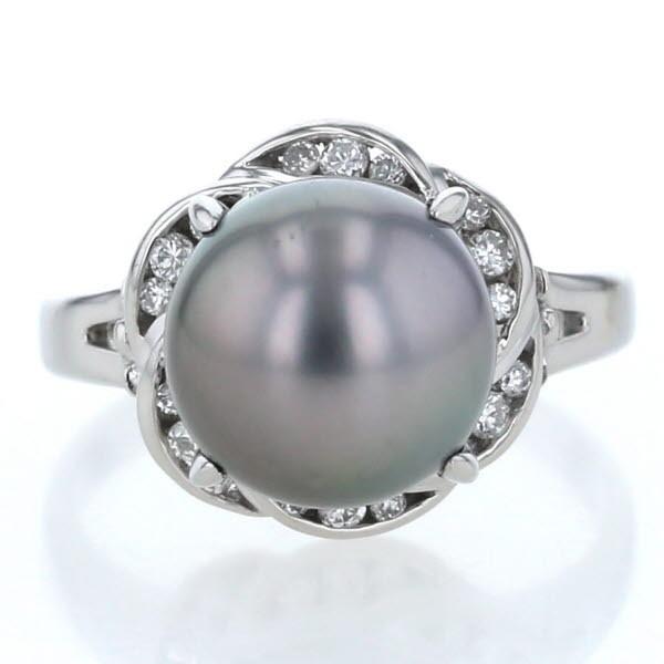 Pt900 プラチナ リング 黒蝶真珠 9.5mm ダイヤモンド 0.15ct パール  