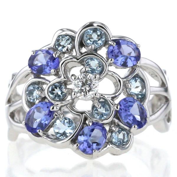 K18WG リング タンザナイト 0.76ct アクアマリン 0.38ct ダイヤモンド 
