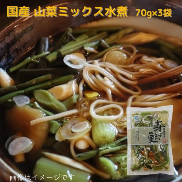 ・名称：山菜ミックス水煮・原材料名：塩蔵わらび（国産）、塩蔵みず（国産）、塩蔵えのき（国産）、たけのこ（国産）、塩蔵なめこ（国産）/乳酸　　　　　　Ca、pH調整剤、酸化防止剤（ビタミンC）・内容量：70g・賞味期限：製造日より180日・保...