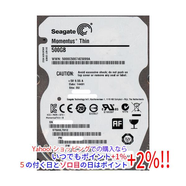 【商品名：】SEAGATE ノート用HDD 2.5inch ST500LT012 500GB 7mm 500〜1000時間以内　／　【商品状態：】動作確認済の中古品です。／ ／ ※中古品ですので、傷、汚れ等ある場合がございます。ご理解の上、...