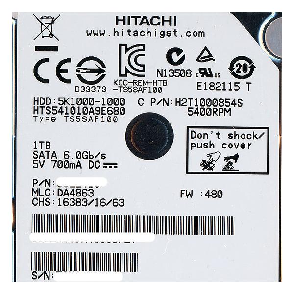 Hitachi HCC541010A9E680 2.5インチHDD 1TB HGST 【中古】HITACHI ノート用HDD 2.5inch HTS541010A9E680 1TB