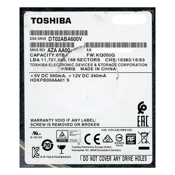 中古】TOSHIBA製HDD DT02ABA600V 6TB SATA600 5400 500〜1000時間以内  