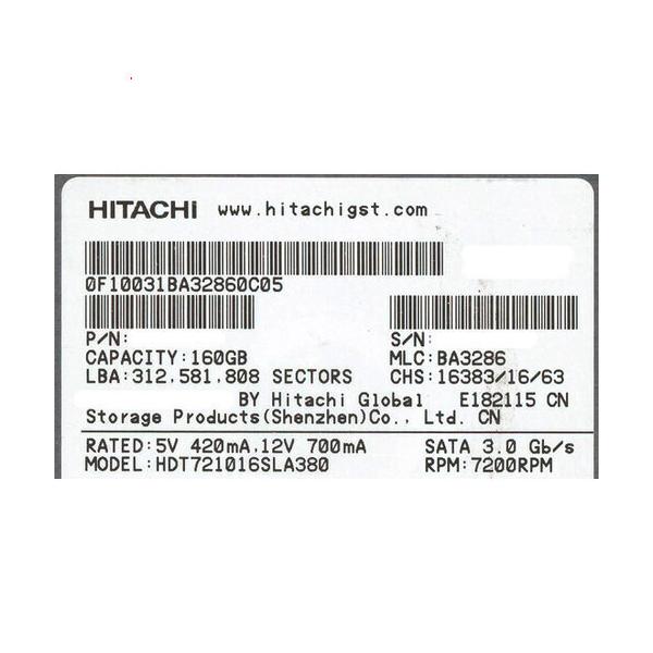 【中古】HITACHI HDD HDT721016SLA380 160GB SATA300 7200 8000〜9000時間以内