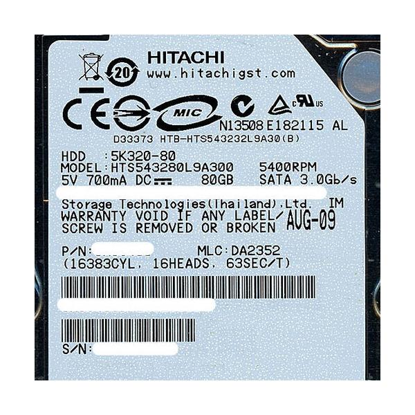【中古】【ゆうパケット対応】HITACHI ノート用HDD 2.5inch HTS543280L9A300 80GB 内蔵ハードディスク