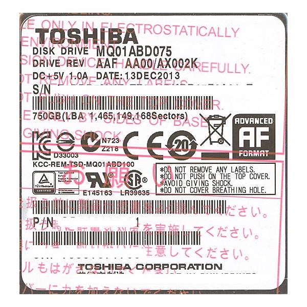 【商品名：】TOSHIBA(東芝) ノート用HDD 2.5inch MQ01ABD075 750GB　／　【商品状態：】新品です。バルク品。　／　【検索用キーワード：】≪ハードディスク 2.5インチ 9.5mm≫ MQ01ABD075 [7...