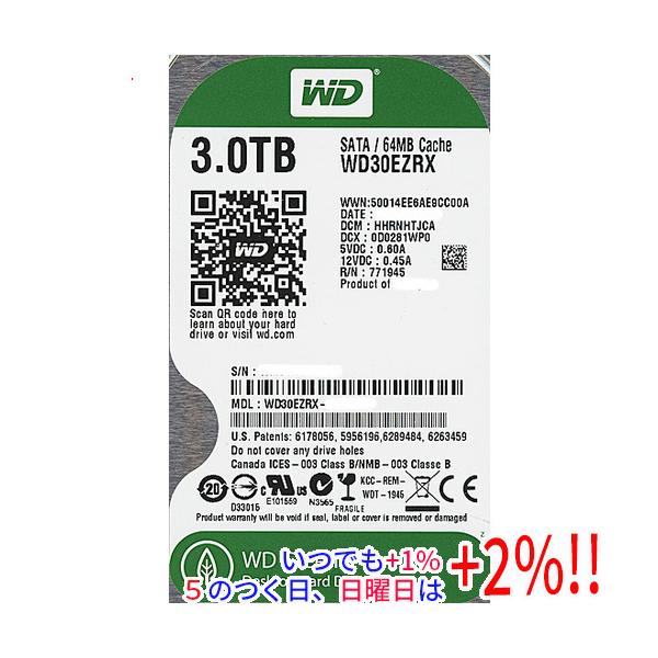 【中古】Western Digital HDD WD30EZRX 3TB SATA600 2000〜3000時間以内【いつでも+1％！5のつく日と日曜日は+2%！】　爆買