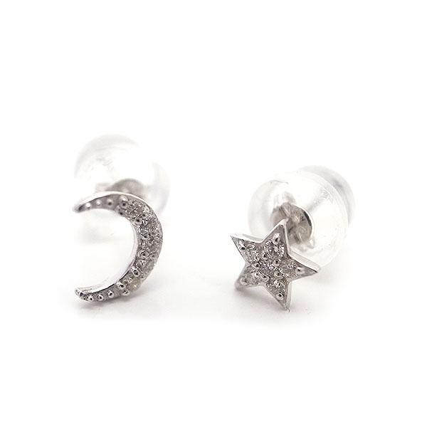 原品限り ダイヤモンド ピアス 星と月 スタッド K18WG 0.06ct 