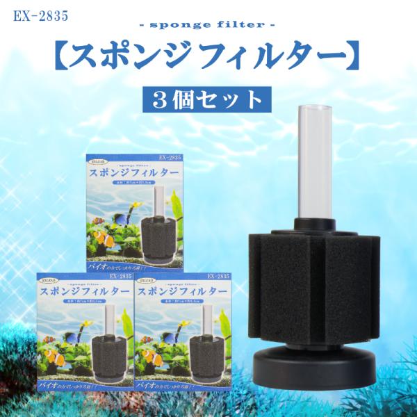 スポンジフィルター 3個セット ろ過 濾過 水槽 酸素 スポンジ パイプ エアーポンプ エアーチューブ 観賞魚 飼育 メダカ 金魚 稚魚 小型 フィルター EXLEAD