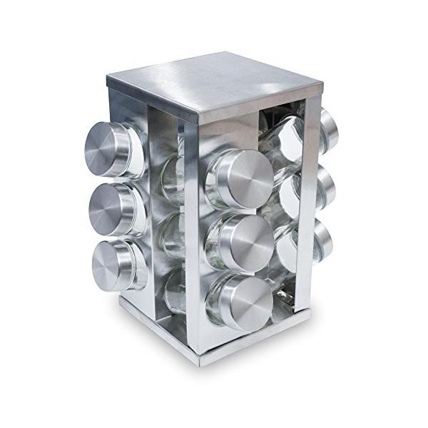 気分は一流シェフ！●調理ビン12個付きのオシャレな回転式スパイスラックです●中身がひとめで確認しやすく取り出しやすい●スムーズにラックが回転●素材:ステンレス（スタンド部分・びんキャップ部分）/ソーダガラス●付属品:スタンド1個、調味料ビン...