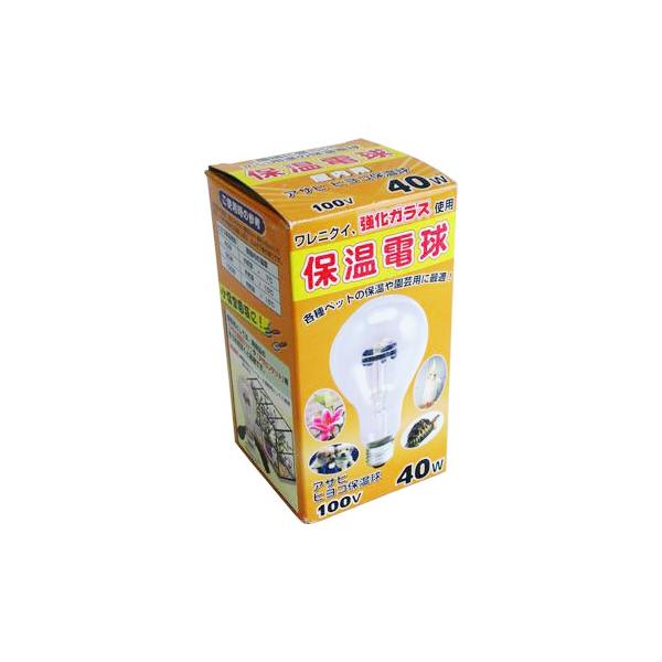 ●各種ペットの保温や園芸用に最適な保温電球です。●発熱量は1時間当たり34kcalです。●この電球は、ガラス球の最大温度が約160℃になります。　（ただし室温10℃の時で、点灯開始から20分後以降の場合）●密閉時の容器（高さ45×幅60×奥...