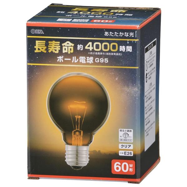 白熱球 白熱電球 フィラメント電球 ボール球 長寿命ボール電球 E26 60W形 G95クリア｜LB-GL9660K-CN 06-0863｜OHM（オーム電機）