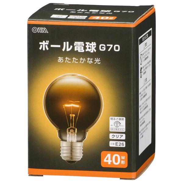 ボール電球 E26 40W形 G70 クリア｜LB-G7640K-CN 06-0867｜OHM（オーム電機）