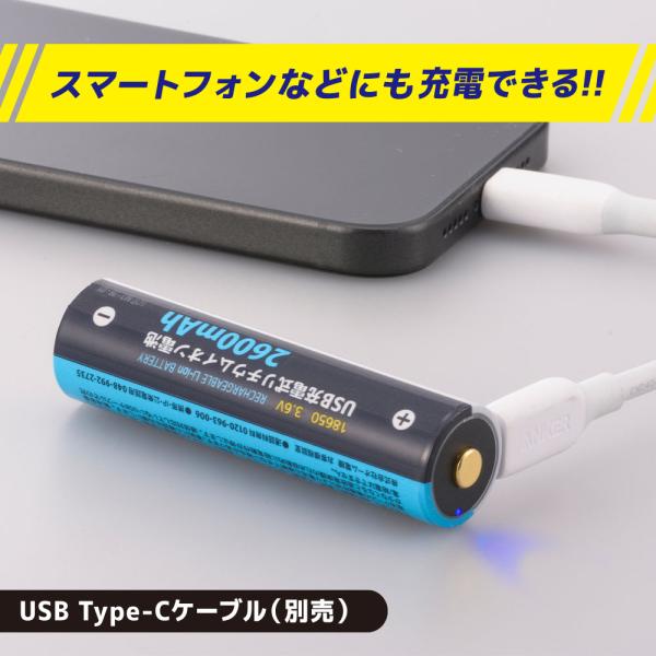 USB充電式リチウムイオン電池（USB Type-Cポート搭載/くり返し使用500回/2600mAh/3.6V）_08-1091_BTJ-1865026-PD_OHM（オーム電機）