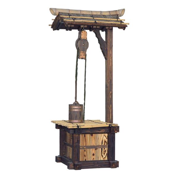 天然国産つるべ井戸セット【屋根付き柱 井戸枠 井戸蓋 滑車 桶】高さ
