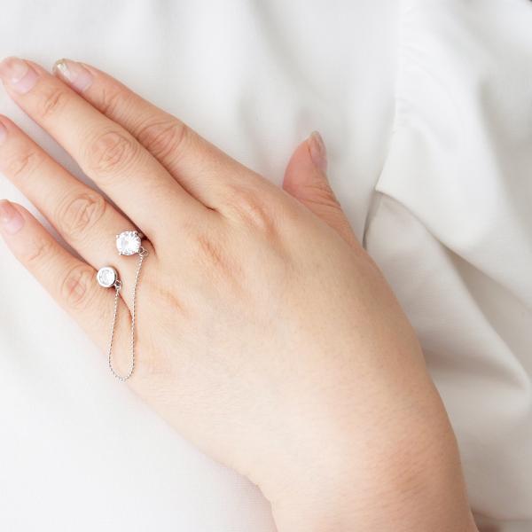 高級 シルバーストーン入り リング（新品未使用）2点セット チェーン付きリング ストーン ビジュー フリーリング オープンリング