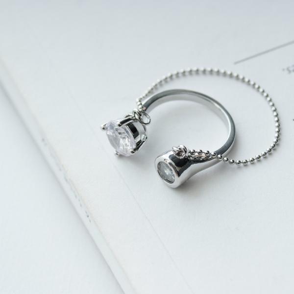 ストーン付きシルバーリング チェーン付きリング ストーン ビジュー フリーリング オープンリング