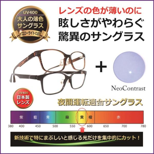 大人の 薄色 サングラス 薄い色 人気 ネオコントラスト／ メンズ レディース 透明 UVカット 夜間運転 美肌 美容 メラニン ウルテム／度無し〔 neocon-BT5070〕