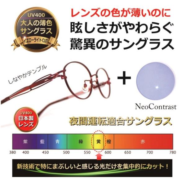 大人の薄色サングラス 薄い色 サングラス ネオコントラスト【度無し】／UVカット  夜間運転適合 人気 美肌 美容 レディース メラニン【neocon-FL34-029-4】