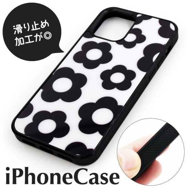 かりめろ ♩♩　 花柄 iPhoneケース ブラック iPhone フラワー 花柄 ブラック ウェーブ型 透かし クリア